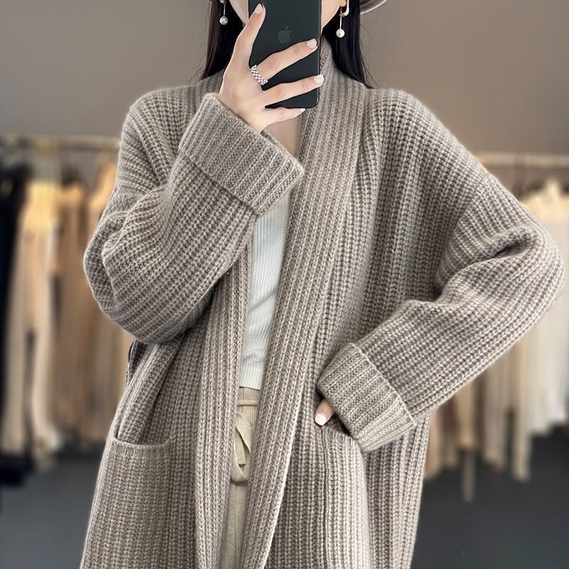 Women's thick solid color V-neck knitted cardigan loose jacket