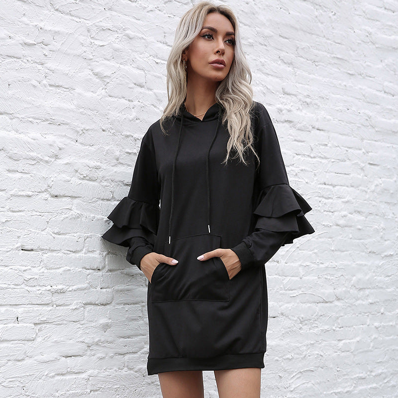 Casual Long Sleeve Pullover Hooded Ruffled Spliced Hoodie Dress