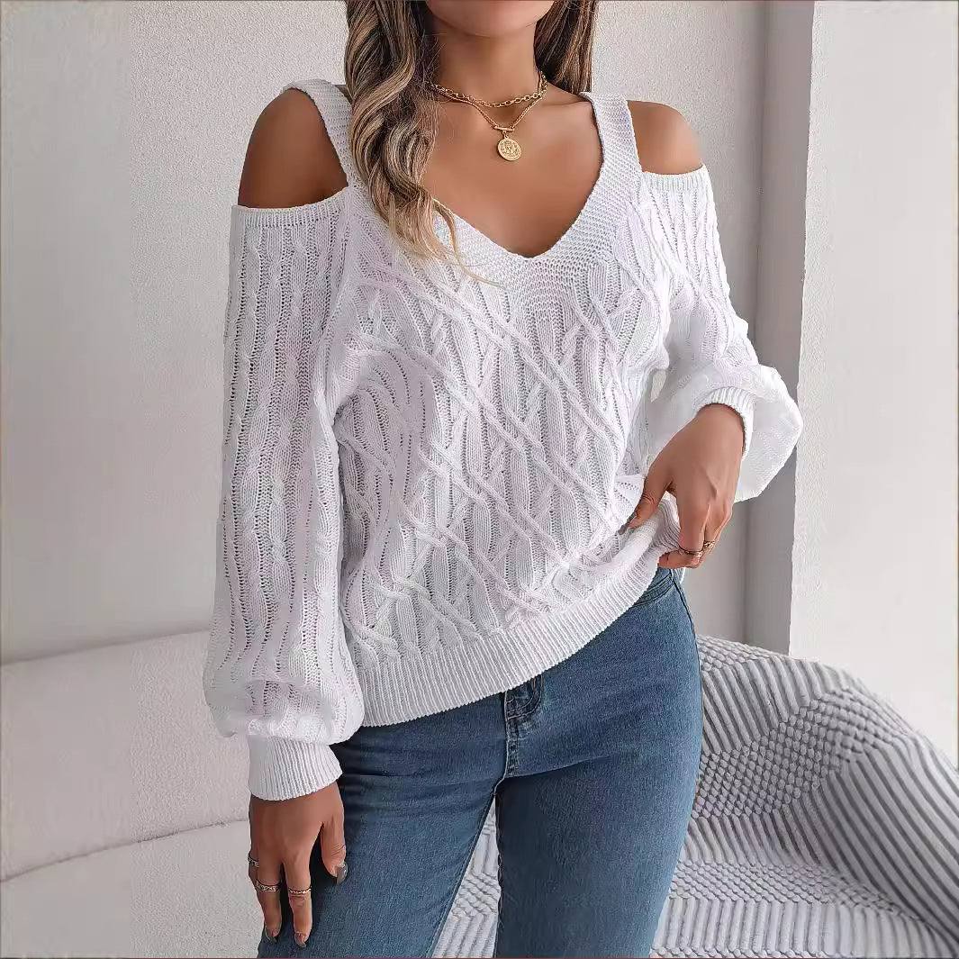 Autumn and winter casual solid color Fried Dough Twists off shoulder lantern sleeve sweater
