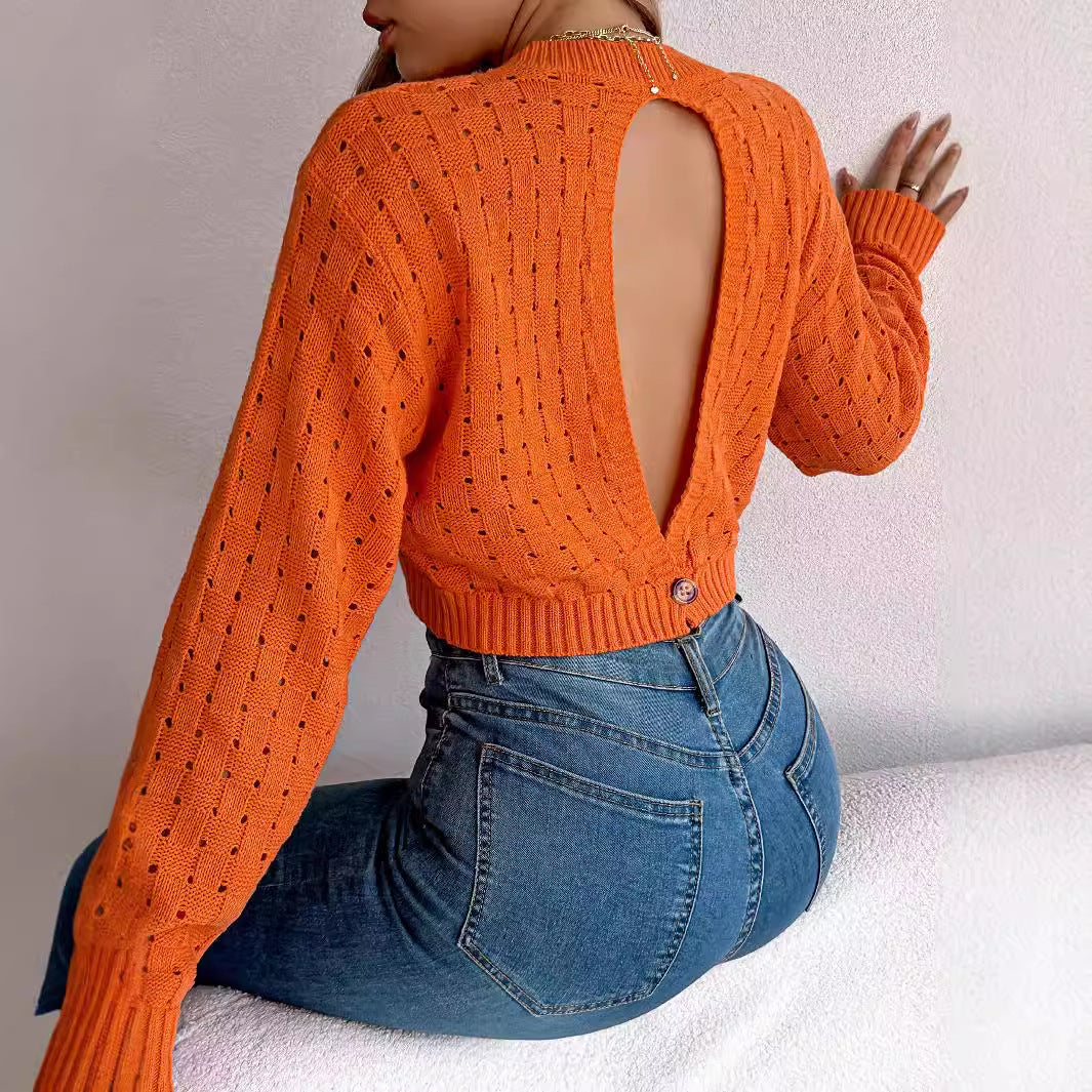 Backless button hollow long sleeved pullover sweater