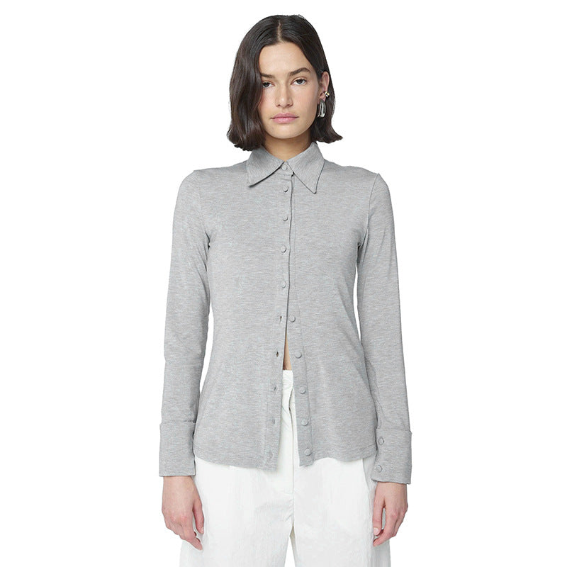 Solid Color Turn-Down Collar Button-Up A-Line Top for Women