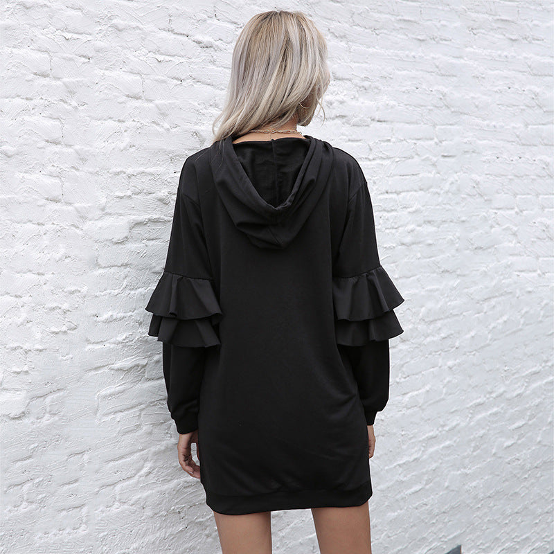 Casual Long Sleeve Pullover Hooded Ruffled Spliced Hoodie Dress
