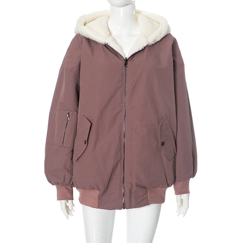 Winter Reversible Fleece Cotton Coat with Zipper, Thickened Korean Style Outerwear for Women
