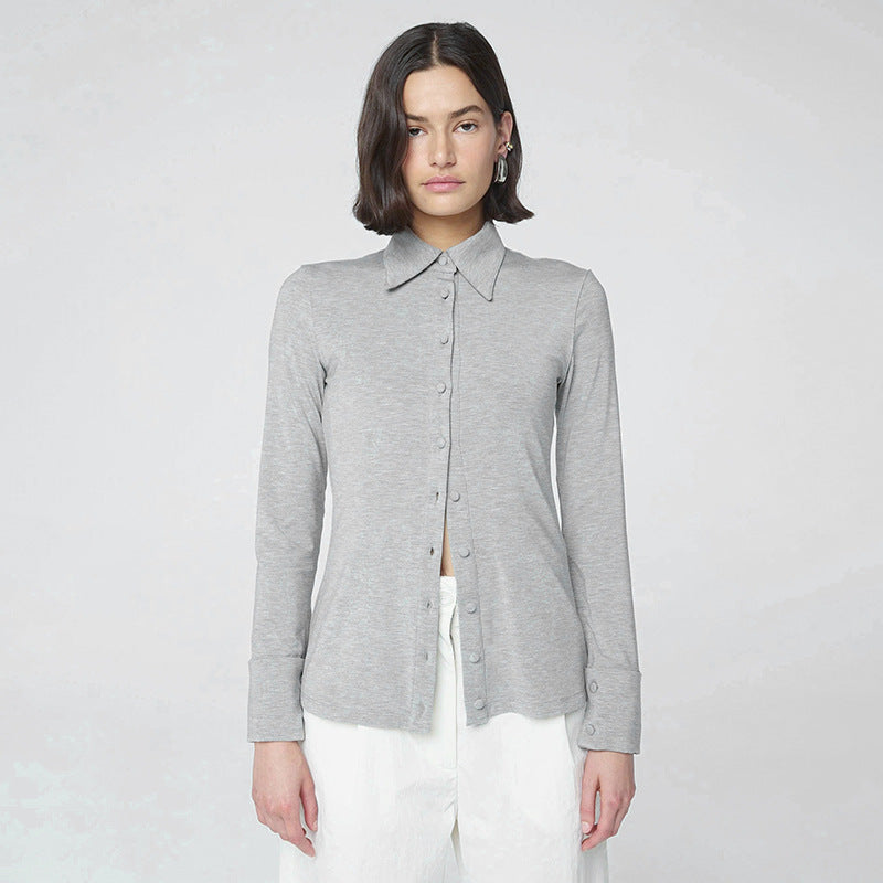 Solid Color Turn-Down Collar Button-Up A-Line Top for Women