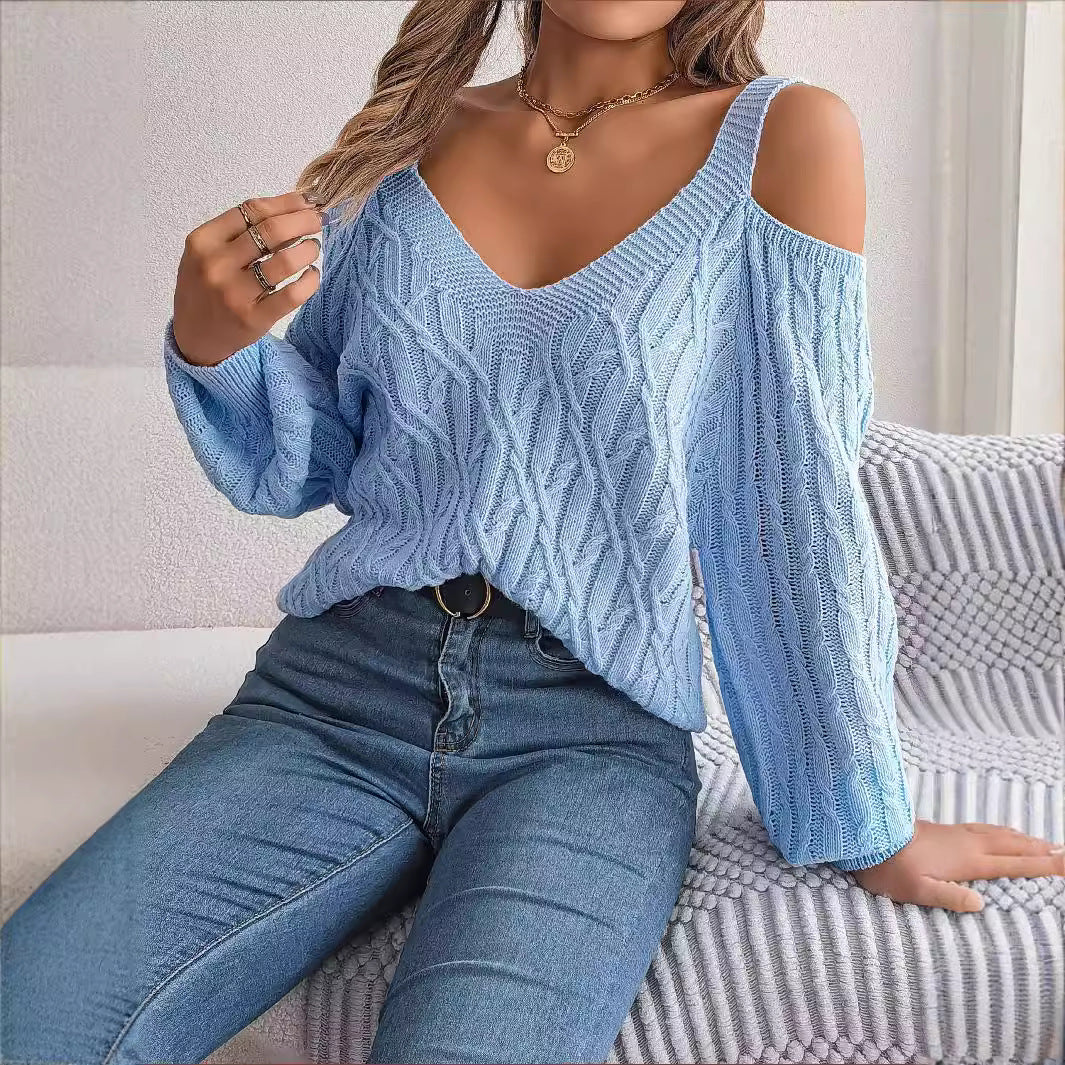 Autumn and winter casual solid color Fried Dough Twists off shoulder lantern sleeve sweater