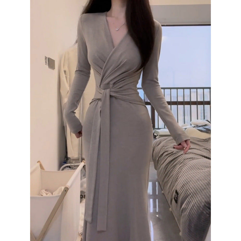 V-neck Tie-up Long Sleeve Dress for Women, Slim Fit, Elegant, Bodycon Dress