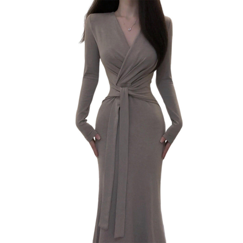 V-neck Tie-up Long Sleeve Dress for Women, Slim Fit, Elegant, Bodycon Dress