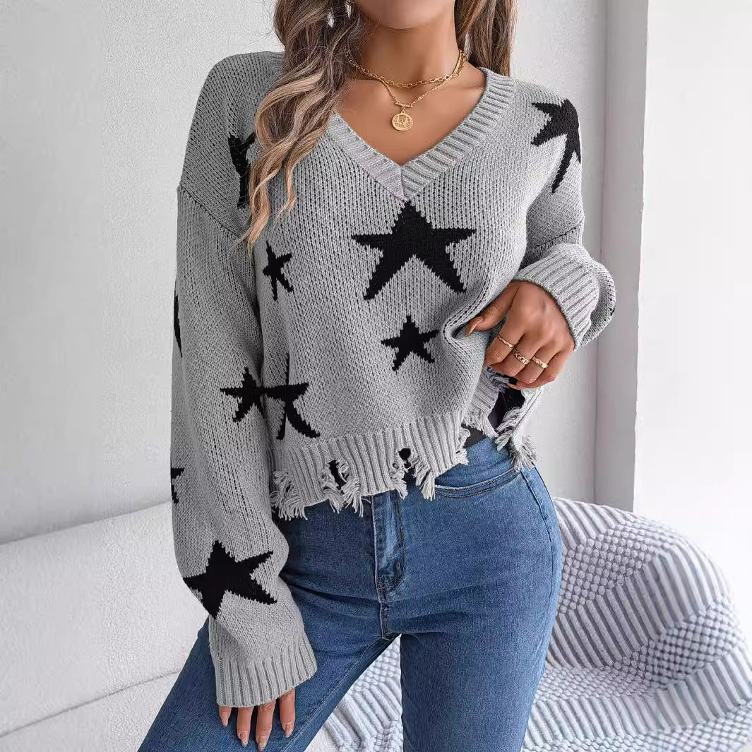 V-neck star cut long sleeved knitted pullover sweater