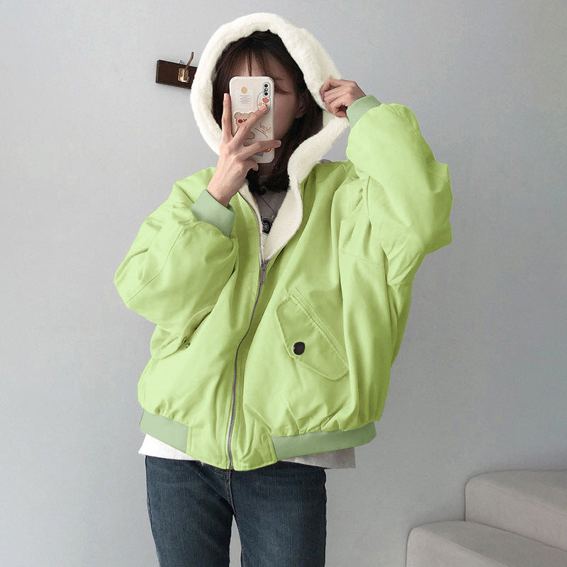 Winter Reversible Fleece Cotton Coat with Zipper, Thickened Korean Style Outerwear for Women