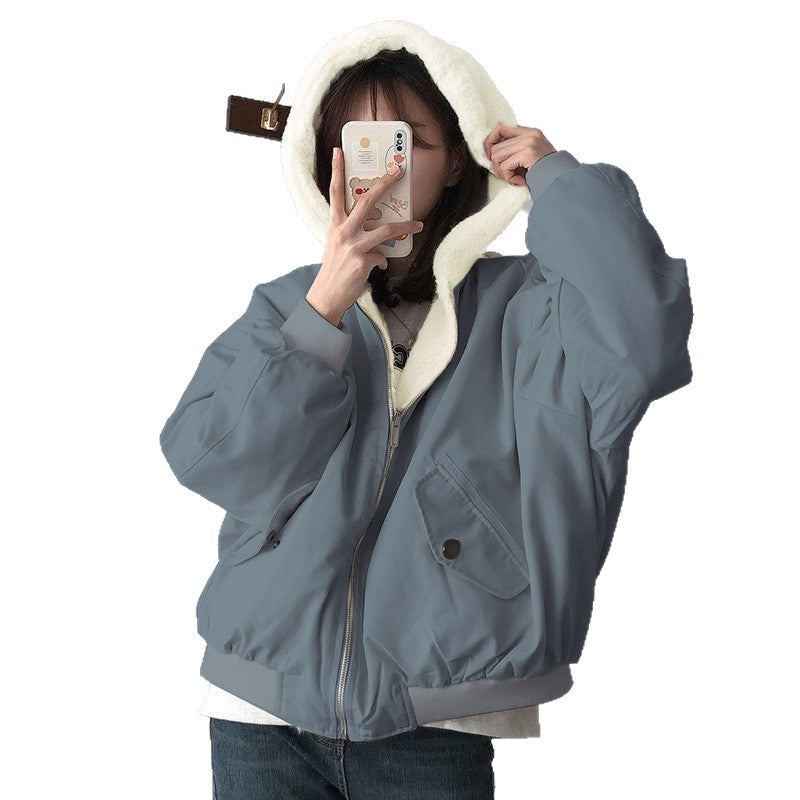 Winter Reversible Fleece Cotton Coat with Zipper, Thickened Korean Style Outerwear for Women