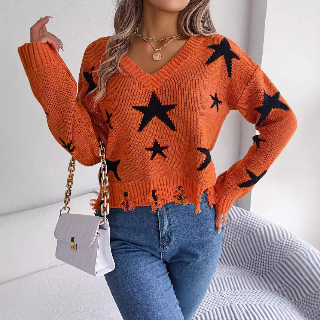 V-neck star cut long sleeved knitted pullover sweater