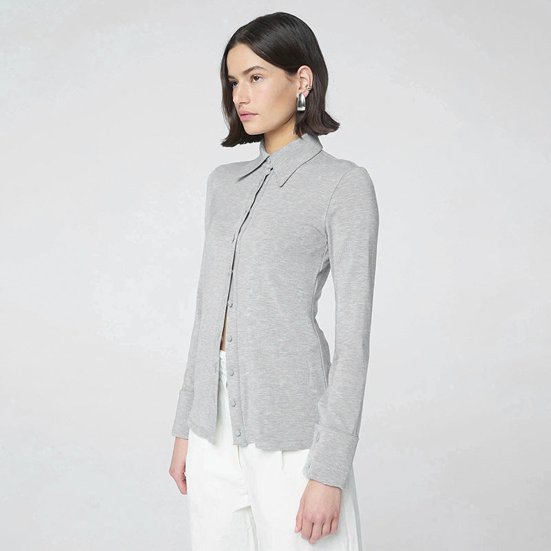 Solid Color Turn-Down Collar Button-Up A-Line Top for Women