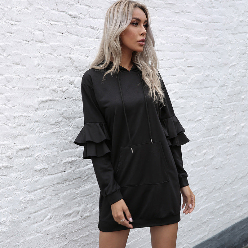Casual Long Sleeve Pullover Hooded Ruffled Spliced Hoodie Dress
