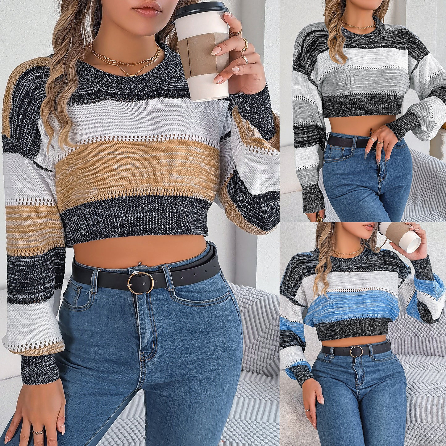 Casual color blocked lantern sleeves with exposed navel sweater