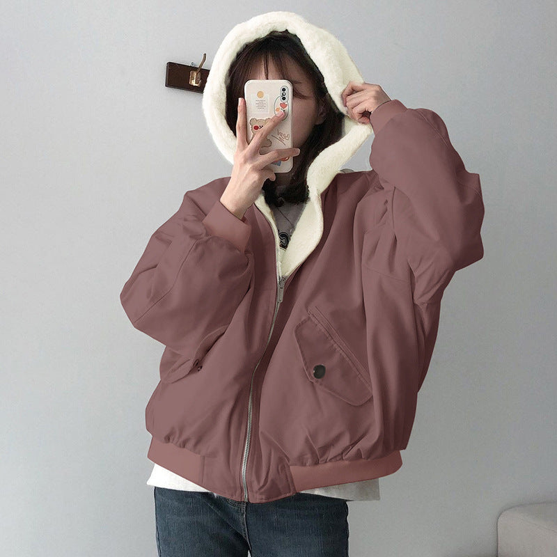 Winter Reversible Fleece Cotton Coat with Zipper, Thickened Korean Style Outerwear for Women