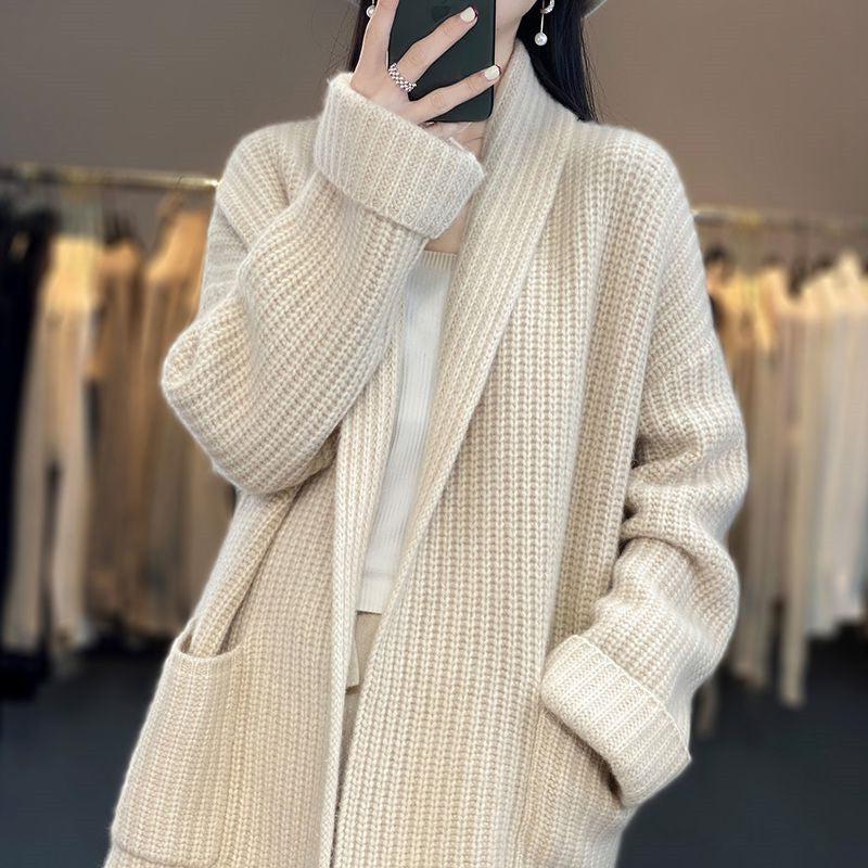 Women's thick solid color V-neck knitted cardigan loose jacket