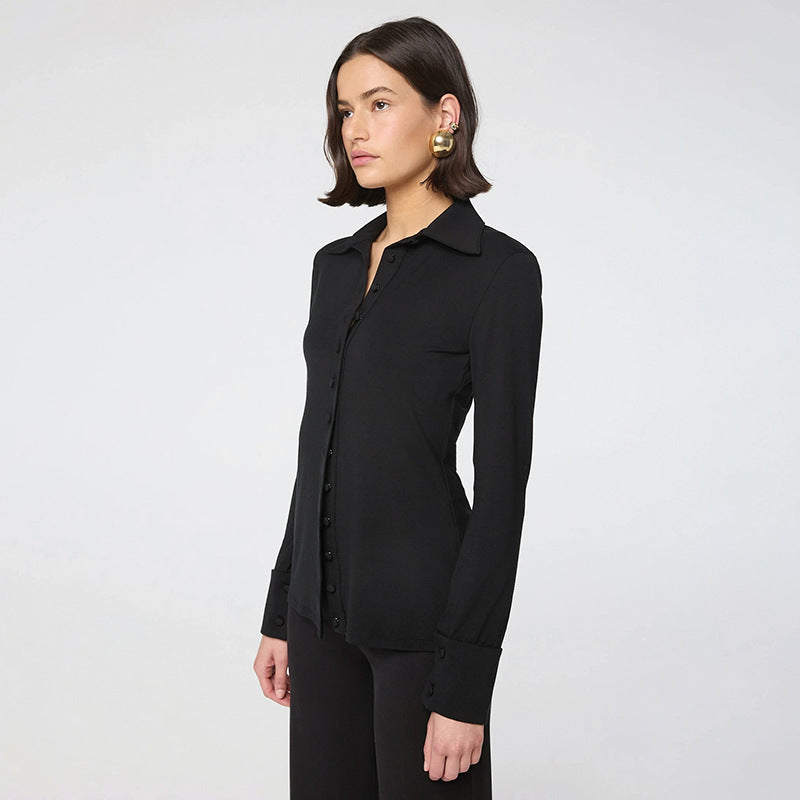 Solid Color Turn-Down Collar Button-Up A-Line Top for Women