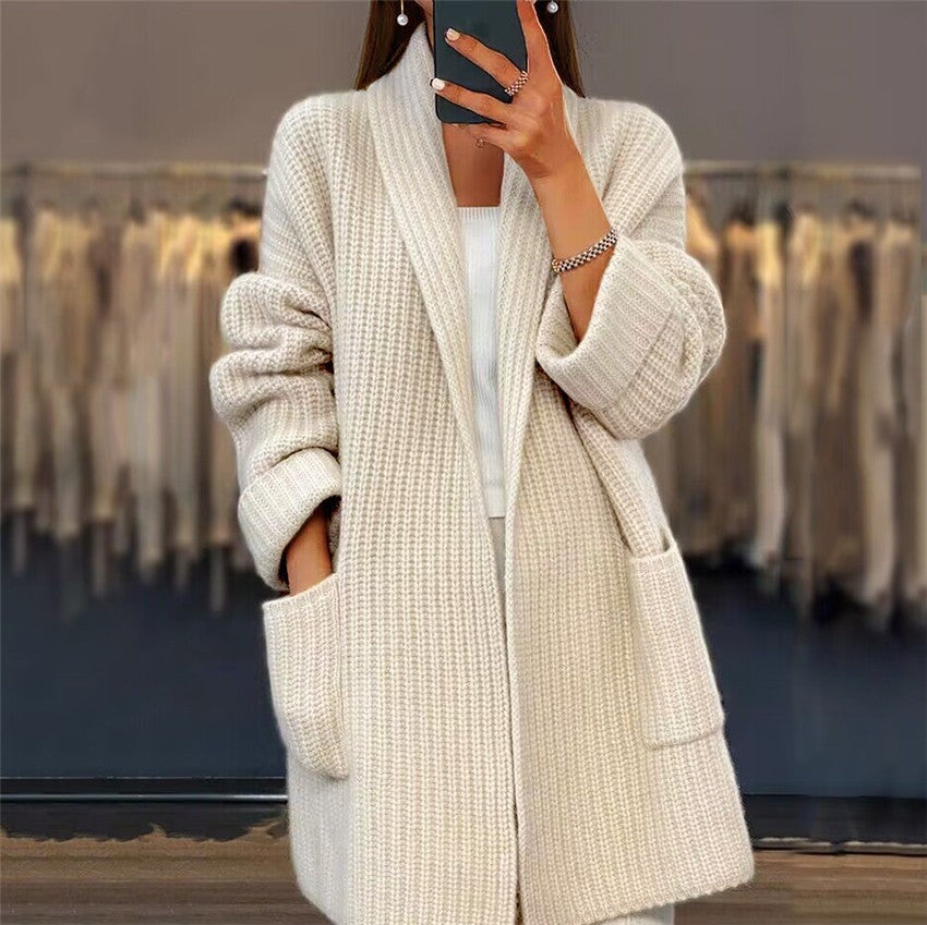 Women's thick solid color V-neck knitted cardigan loose jacket