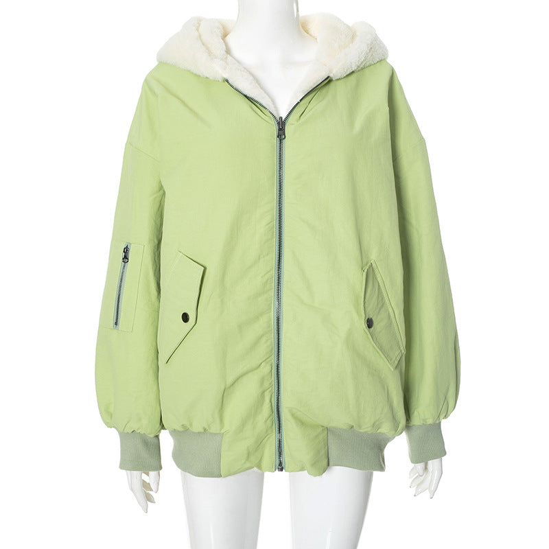 Winter Reversible Fleece Cotton Coat with Zipper, Thickened Korean Style Outerwear for Women