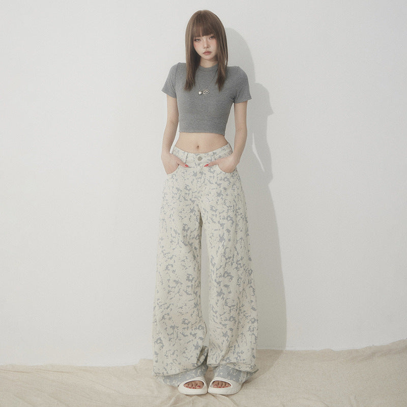 White Tie-Dye Printed Jeans for Women High Waist Loose Wide Leg Pants