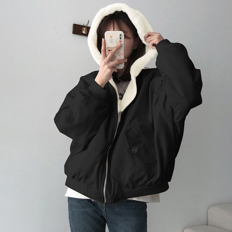 Winter Reversible Fleece Cotton Coat with Zipper, Thickened Korean Style Outerwear for Women
