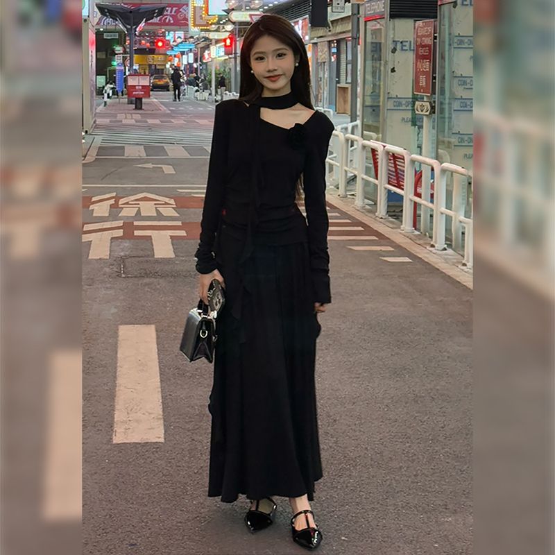 Style Long Sleeve Dress for Women, Elegant High-Waisted Long Dress Suit, Petite Friendly
