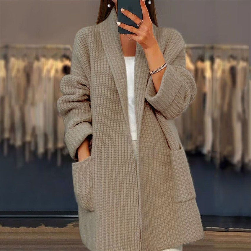 Women's thick solid color V-neck knitted cardigan loose jacket