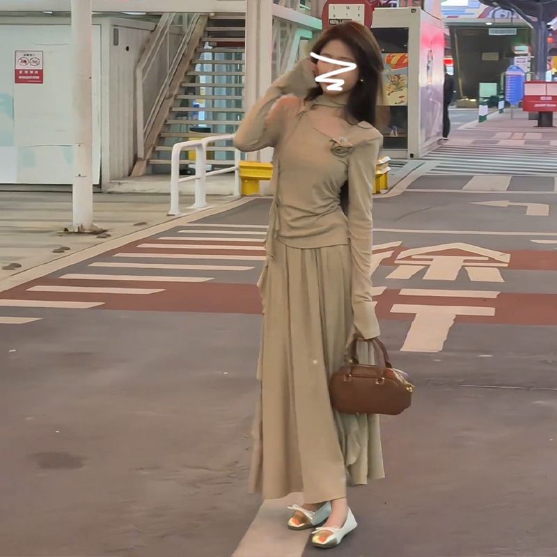 Style Long Sleeve Dress for Women, Elegant High-Waisted Long Dress Suit, Petite Friendly