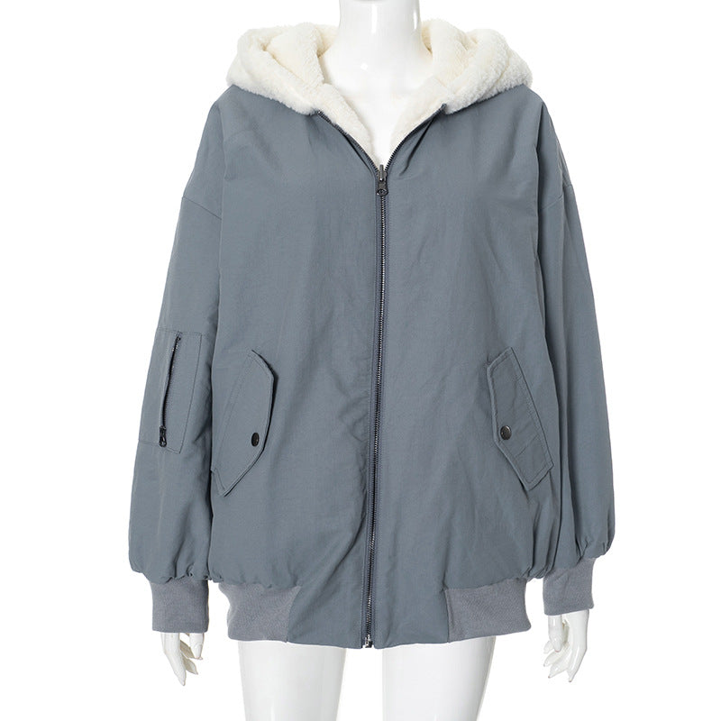Winter Reversible Fleece Cotton Coat with Zipper, Thickened Korean Style Outerwear for Women