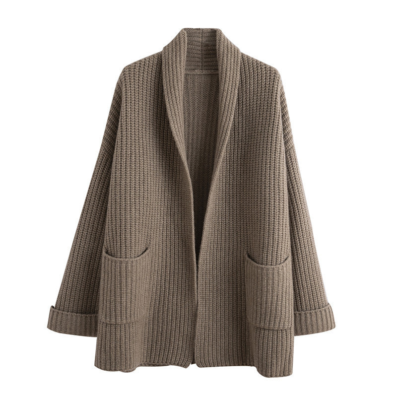 Women's thick solid color V-neck knitted cardigan loose jacket