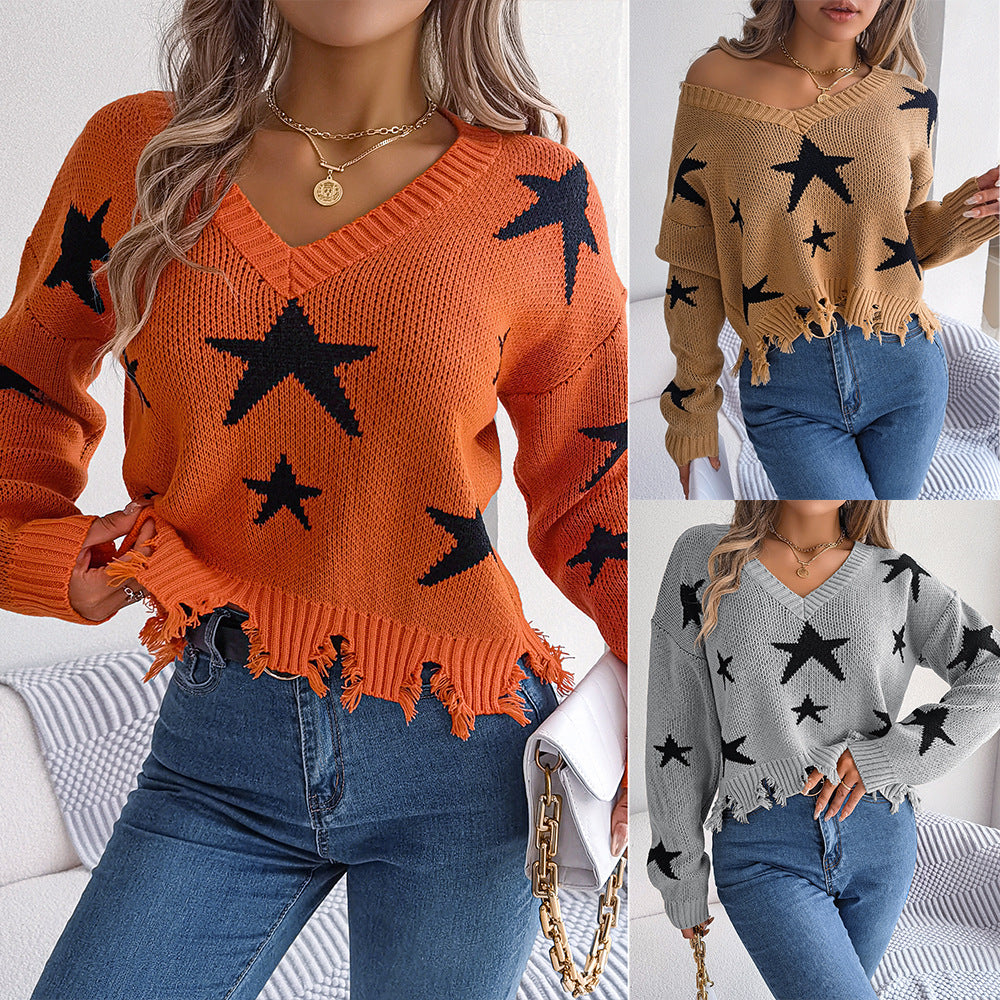 V-neck star cut long sleeved knitted pullover sweater