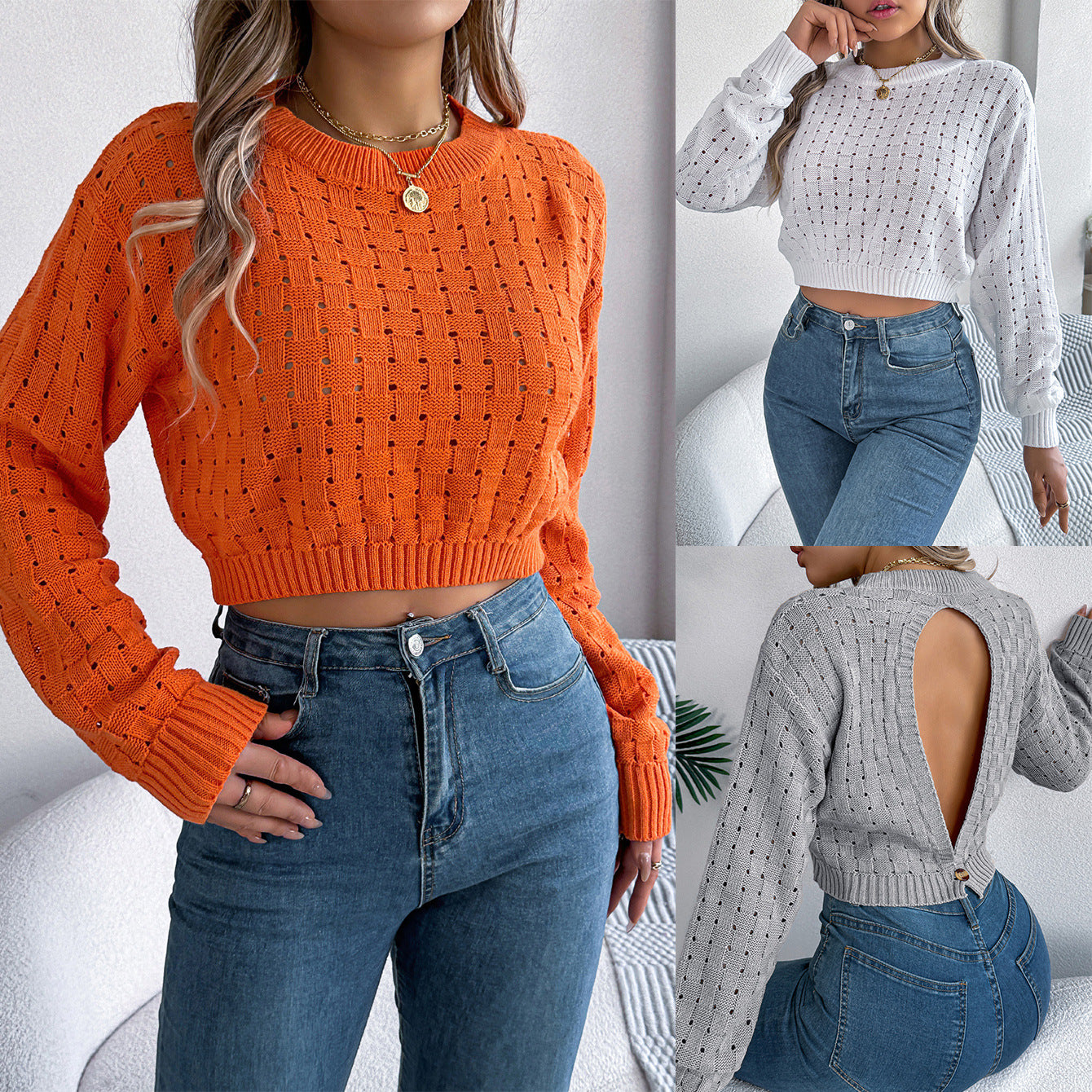 Backless button hollow long sleeved pullover sweater