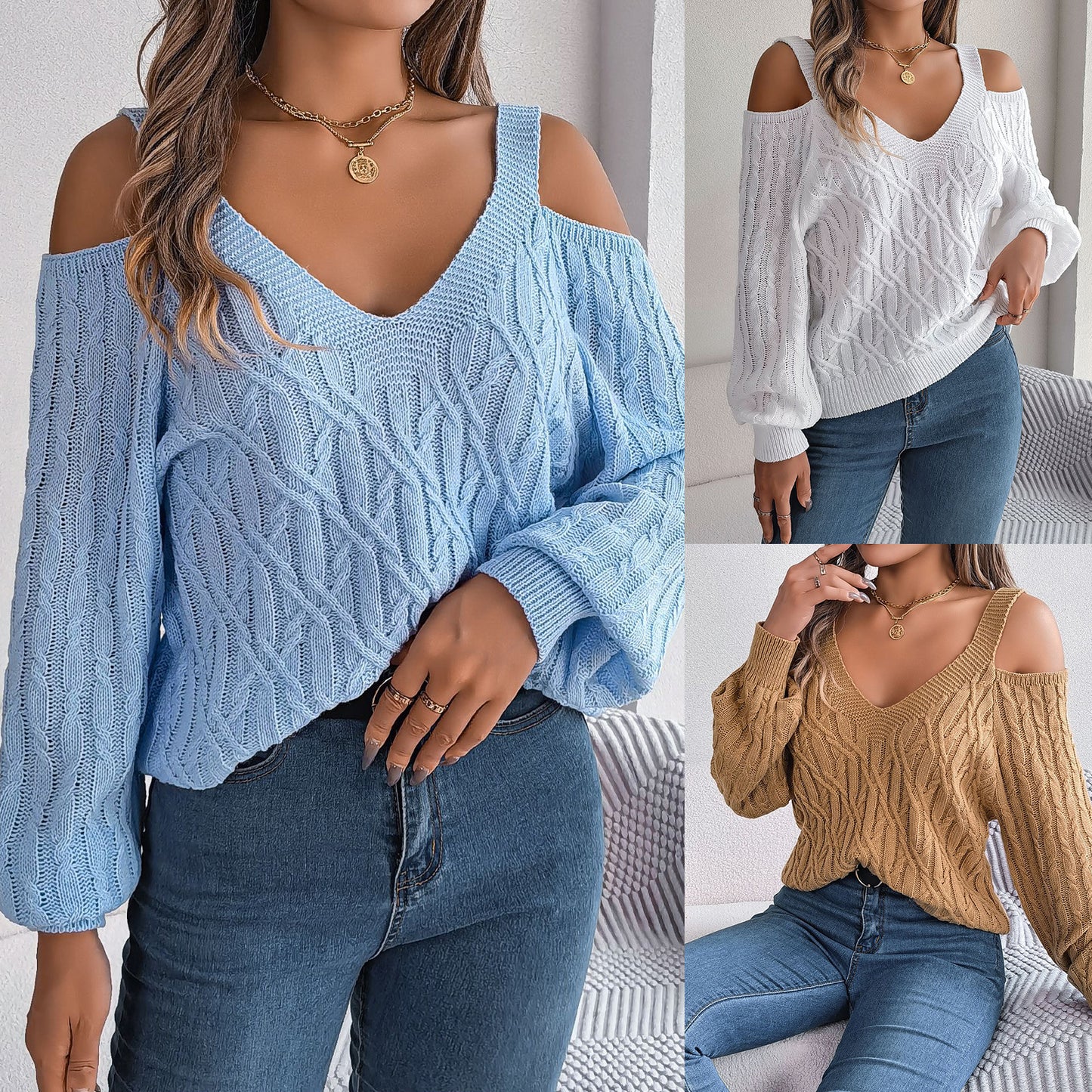 Autumn and winter casual solid color Fried Dough Twists off shoulder lantern sleeve sweater