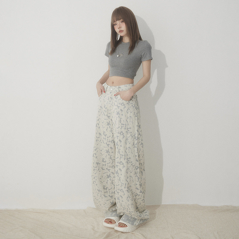 White Tie-Dye Printed Jeans for Women High Waist Loose Wide Leg Pants