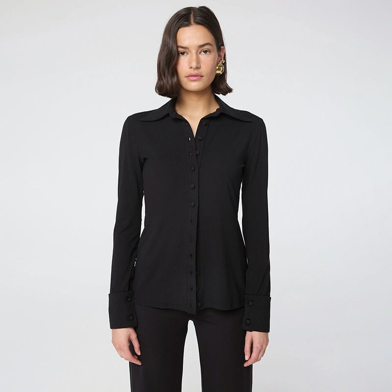 Solid Color Turn-Down Collar Button-Up A-Line Top for Women
