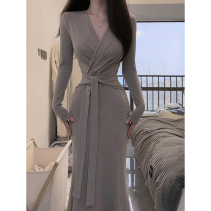 V-neck Tie-up Long Sleeve Dress for Women, Slim Fit, Elegant, Bodycon Dress