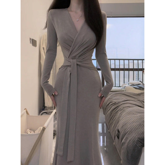 V-neck Tie-up Long Sleeve Dress for Women, Slim Fit, Elegant, Bodycon Dress