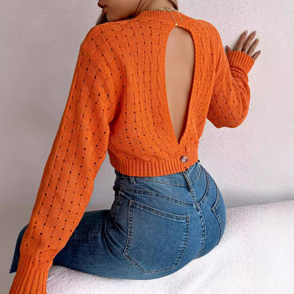 Backless button hollow long sleeved pullover sweater