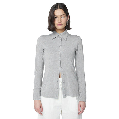 Solid Color Turn-Down Collar Button-Up A-Line Top for Women