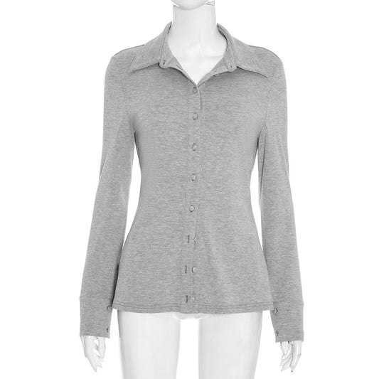 Solid Color Turn-Down Collar Button-Up A-Line Top for Women