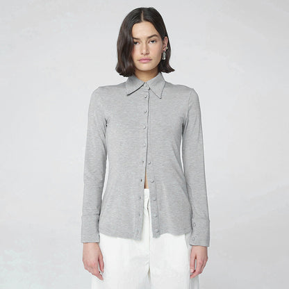 Solid Color Turn-Down Collar Button-Up A-Line Top for Women