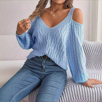 Autumn and winter casual solid color Fried Dough Twists off shoulder lantern sleeve sweater