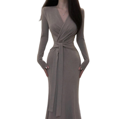 V-neck Tie-up Long Sleeve Dress for Women, Slim Fit, Elegant, Bodycon Dress