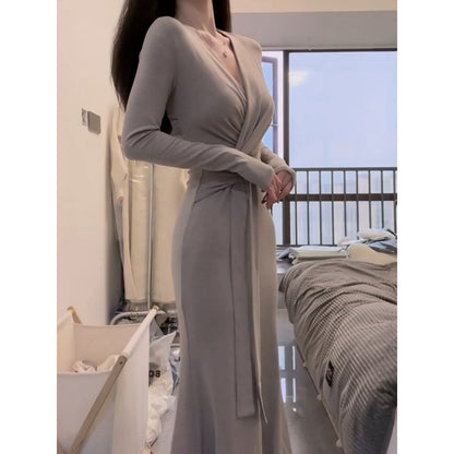V-neck Tie-up Long Sleeve Dress for Women, Slim Fit, Elegant, Bodycon Dress