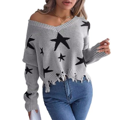 V-neck star cut long sleeved knitted pullover sweater