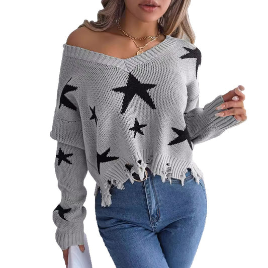 V-neck star cut long sleeved knitted pullover sweater