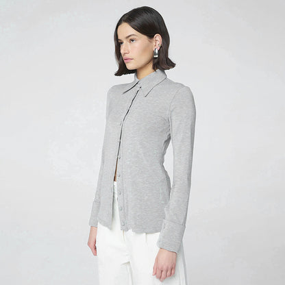 Solid Color Turn-Down Collar Button-Up A-Line Top for Women