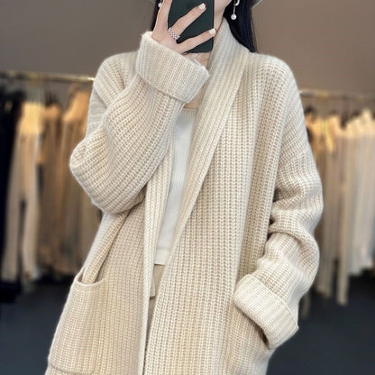 Women's thick solid color V-neck knitted cardigan loose jacket