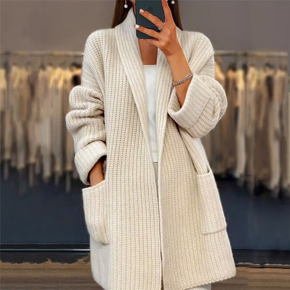 Women's thick solid color V-neck knitted cardigan loose jacket