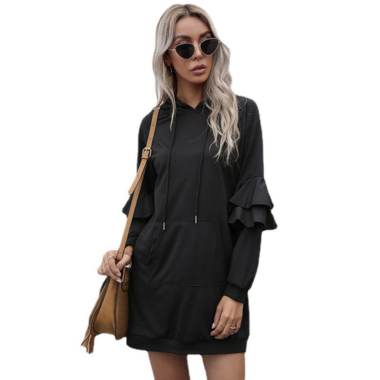 Casual Long Sleeve Pullover Hooded Ruffled Spliced Hoodie Dress
